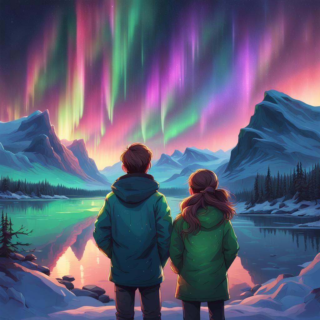 Children Gaze at Aurora Borealis, Hyperdetailed Portrait
