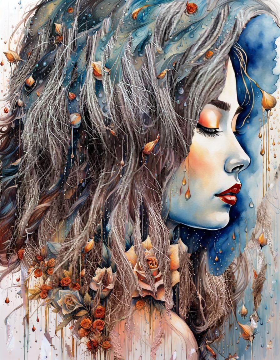 Monochromatic Blue Portrait with Rose, Watercolor Style