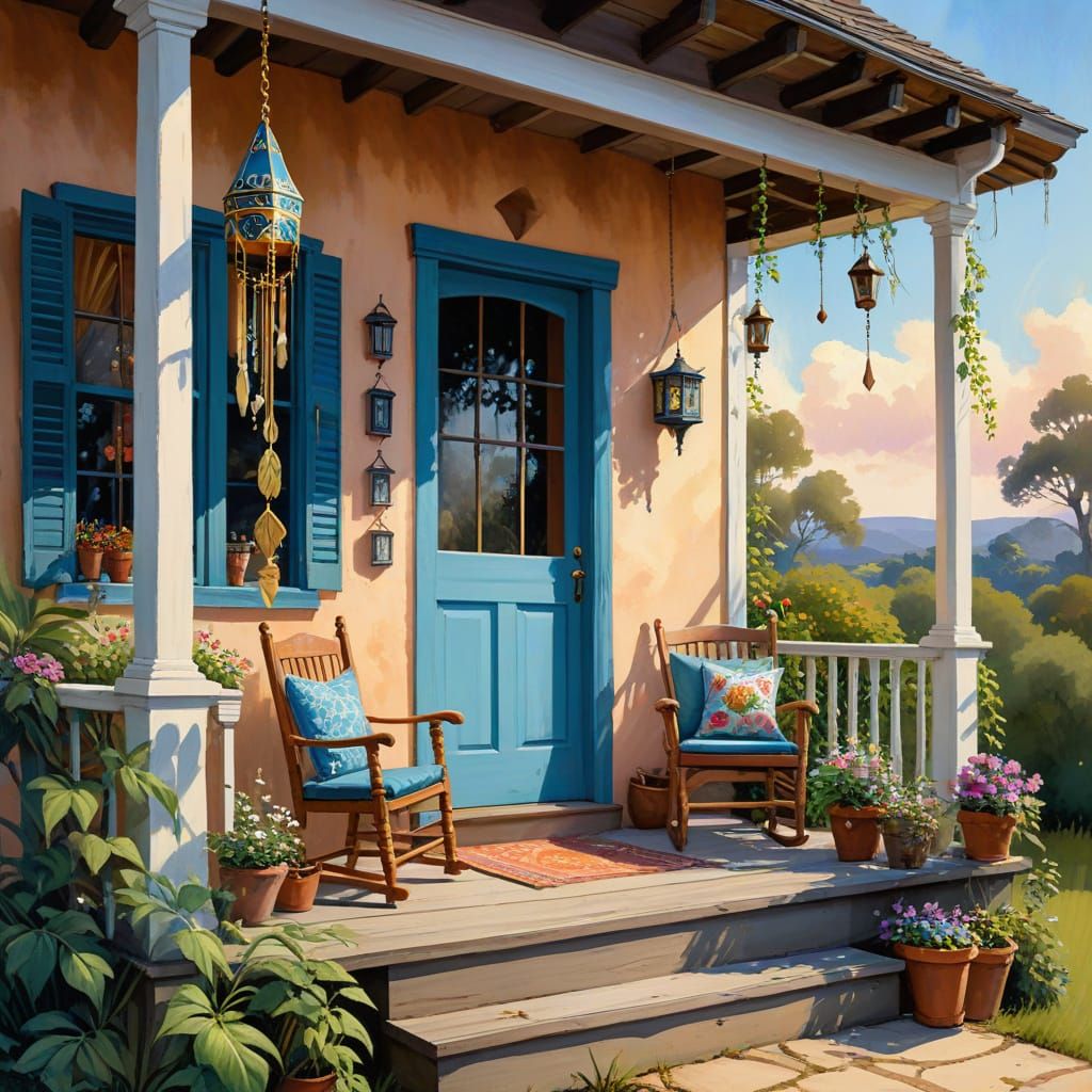 Bohemian Porch Breeze in Vibrant Gouache Style