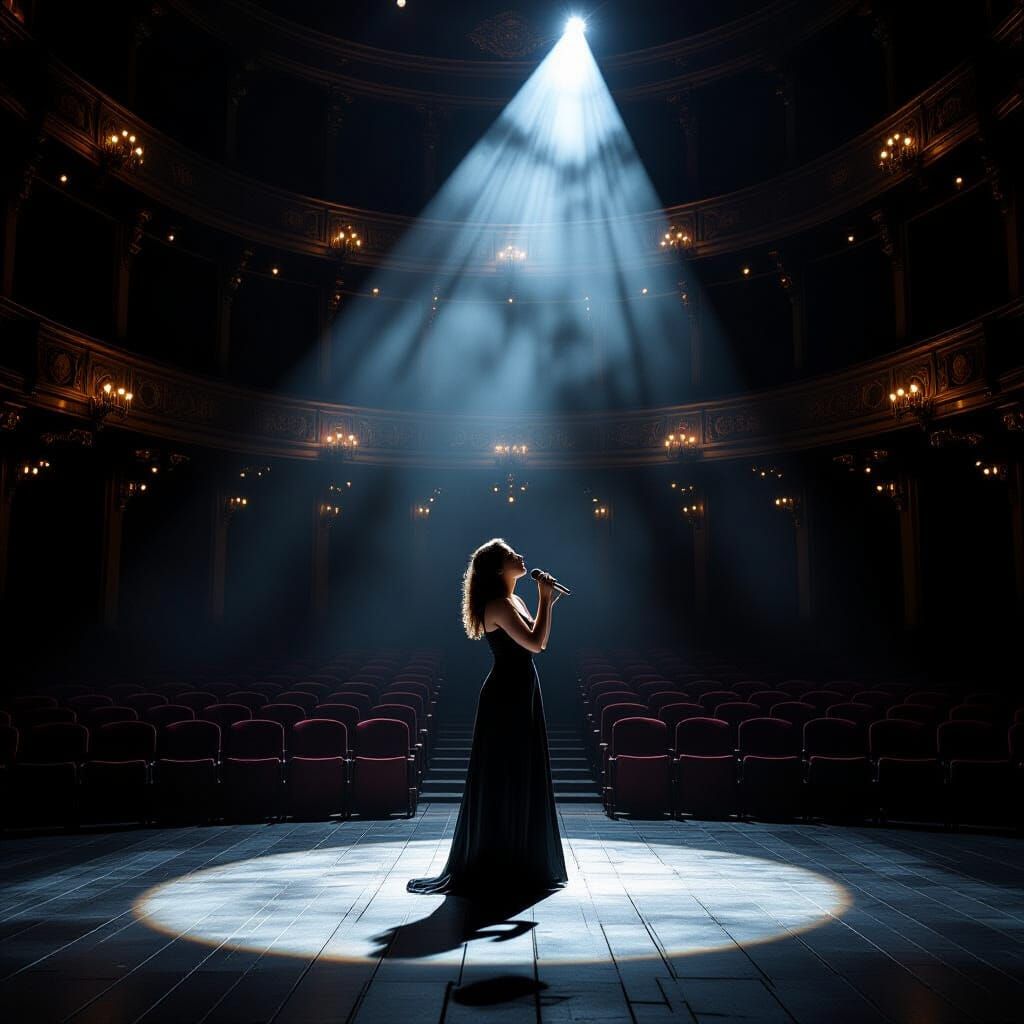 Lonely Singer in Decaying Opera House with Spotlight