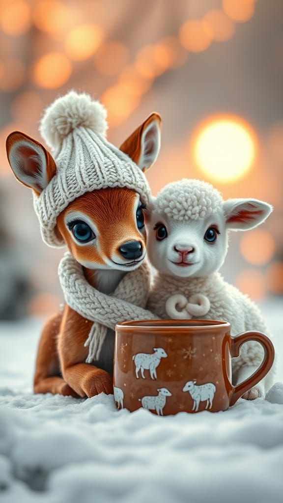 Winter Wonderland with Baby Deer and Lamb in Cozy Knit