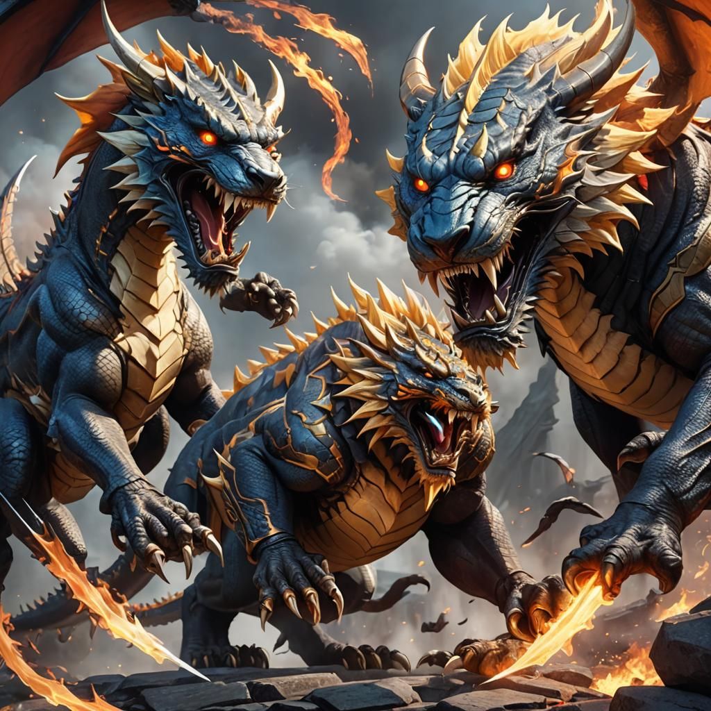 Fire Dragon with Saber-Tooth Tiger Heads in 3D Anime Art
