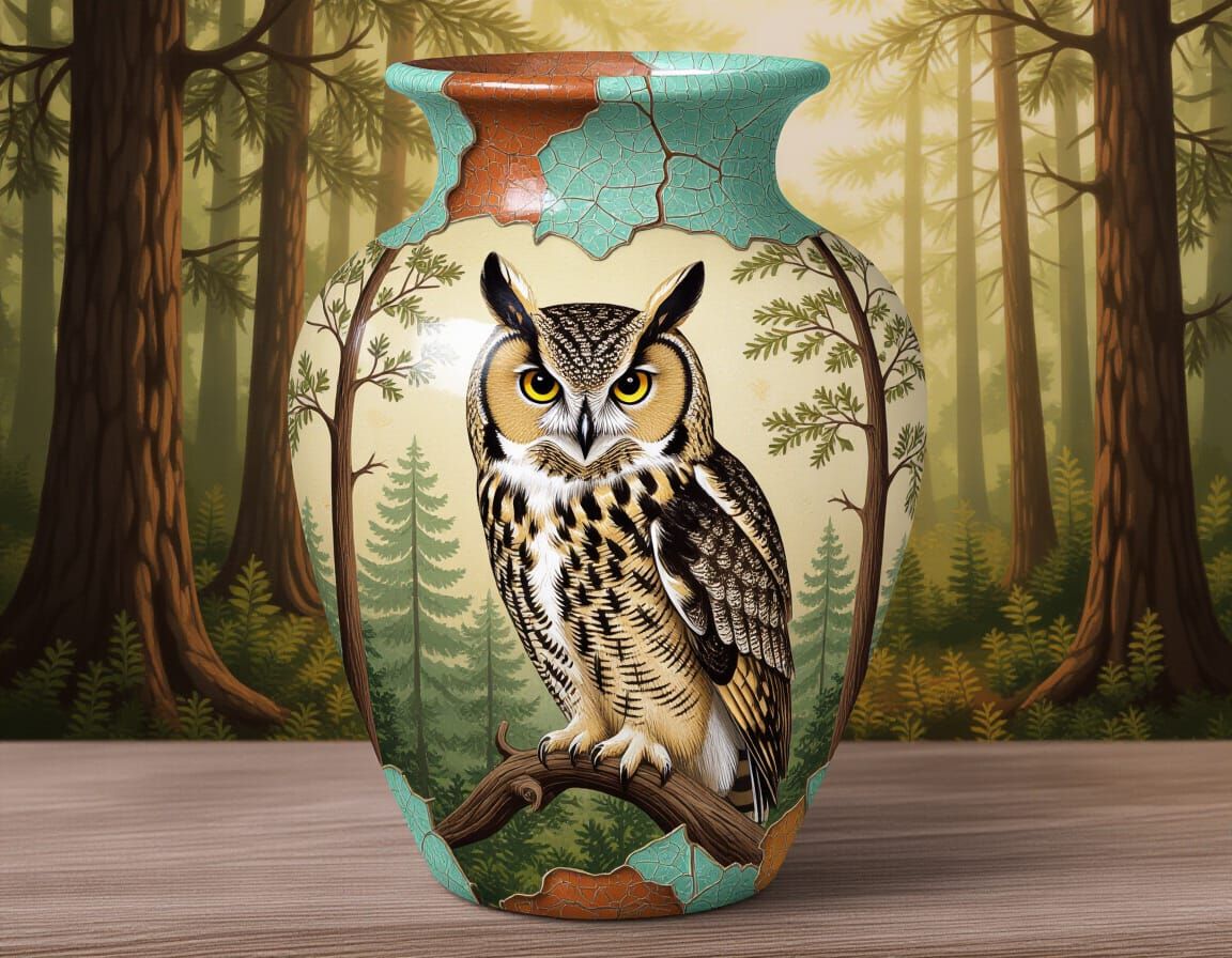 Great Horned Owl Drawing on Antique Vase