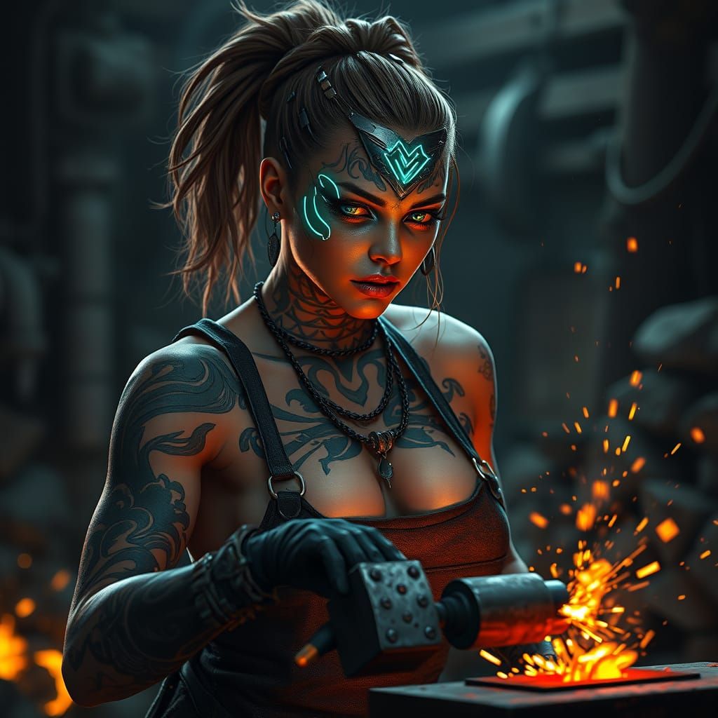 Cyberpunk Blacksmith Unleashes Strength in Her Forge