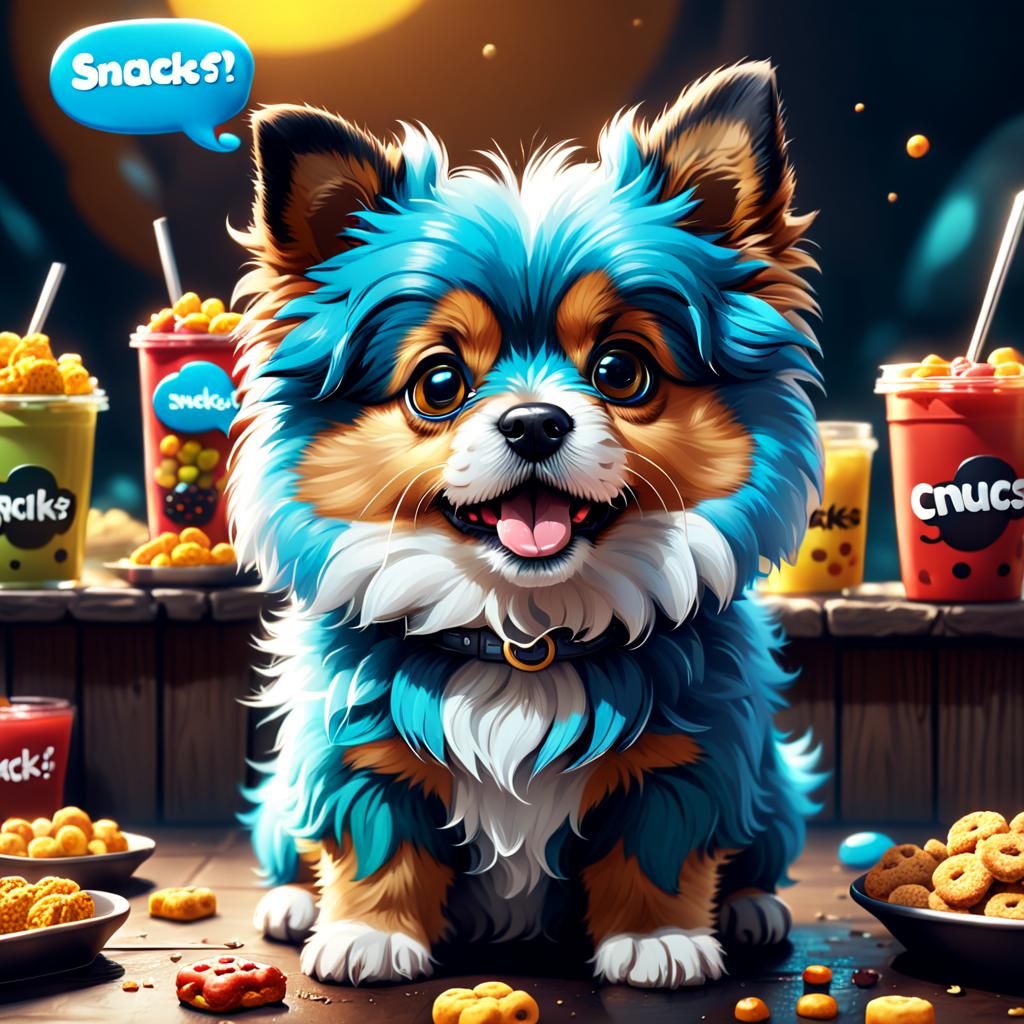 Cute Fluffy Dog Asks 'Snacks?' in Detailed Painting