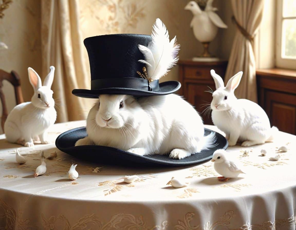 White Rabbits and Doves Emerge from Top Hat