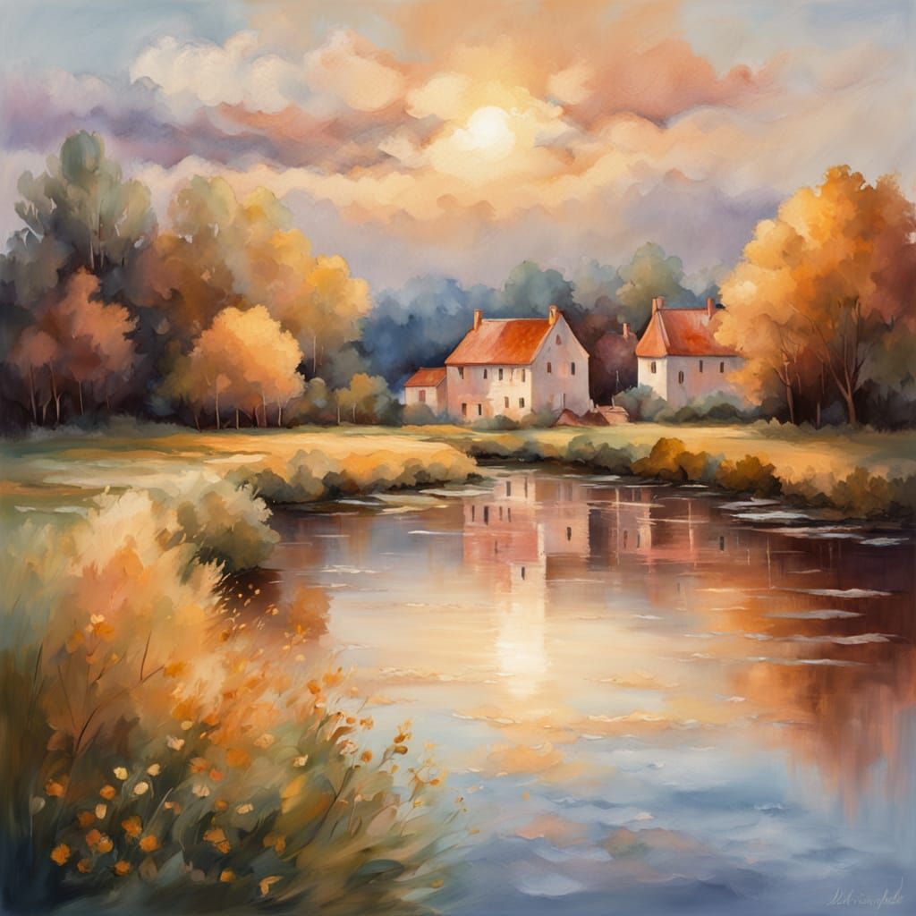 Impressionist Masterpiece: Idyllic Stone Village at Golden H...