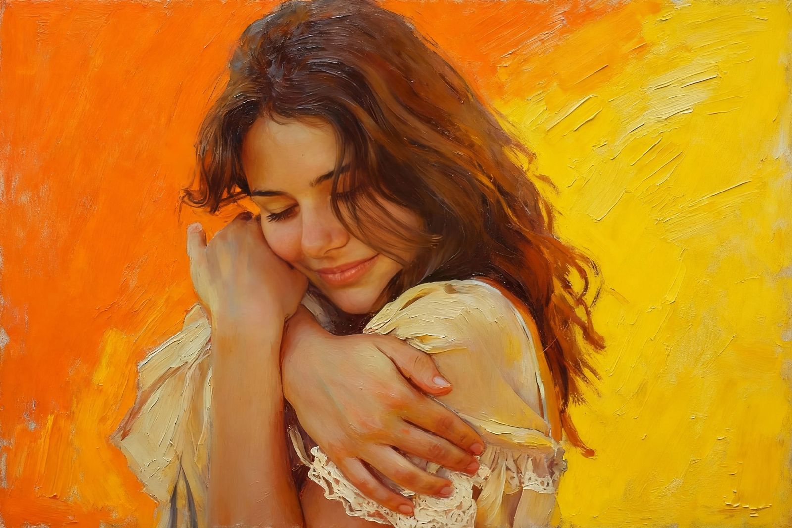 Painting of Woman Embracing Herself with Warm Tones