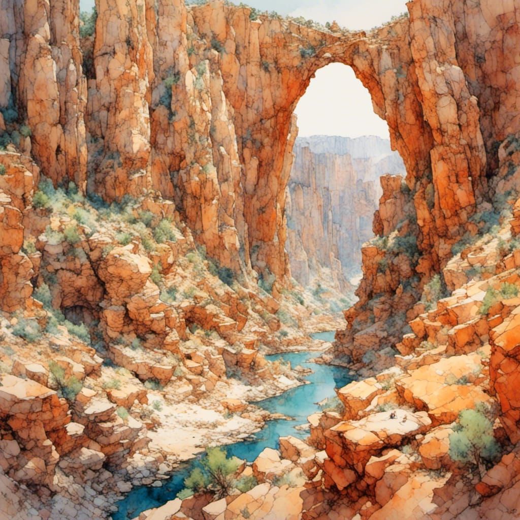Utah Desert Canyon Arch in Pointillist Watercolor