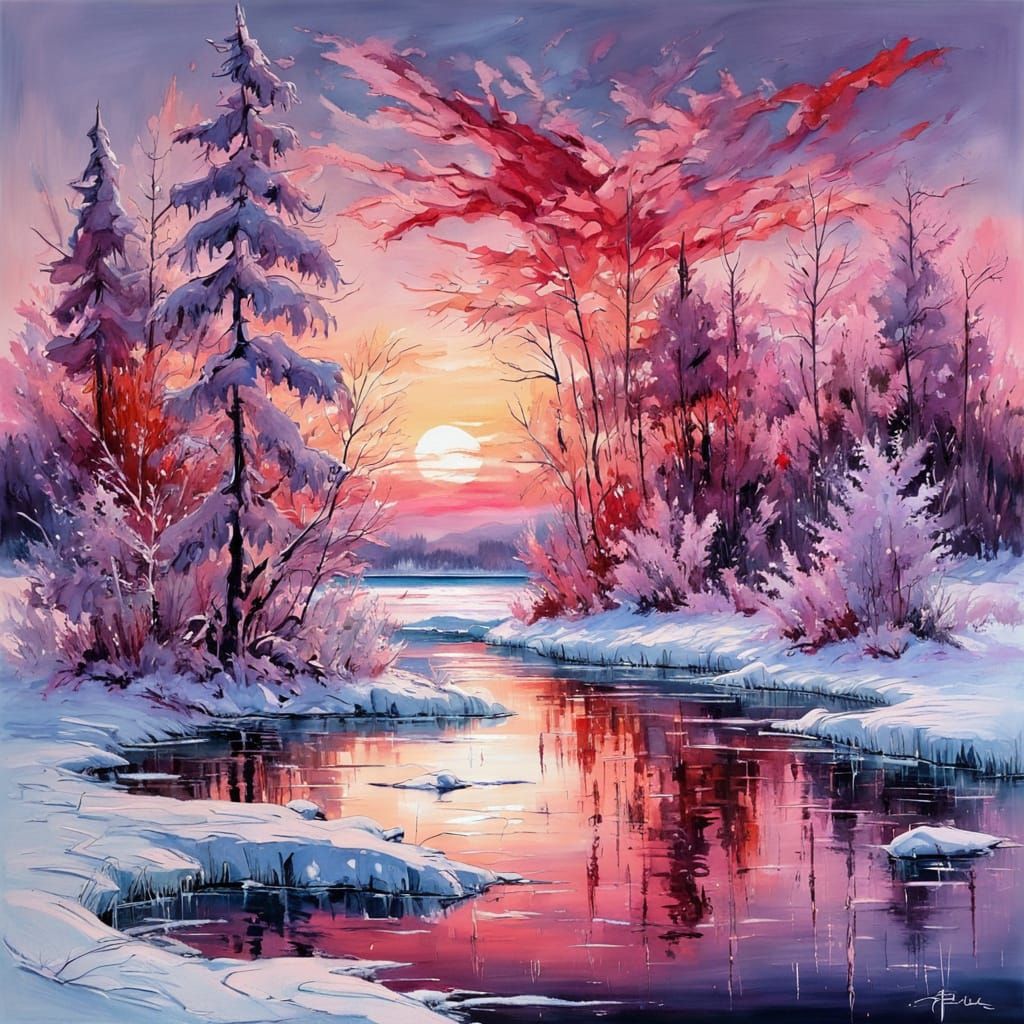 Abstract Winter Landscape with Frozen Lake, Expressionist St...