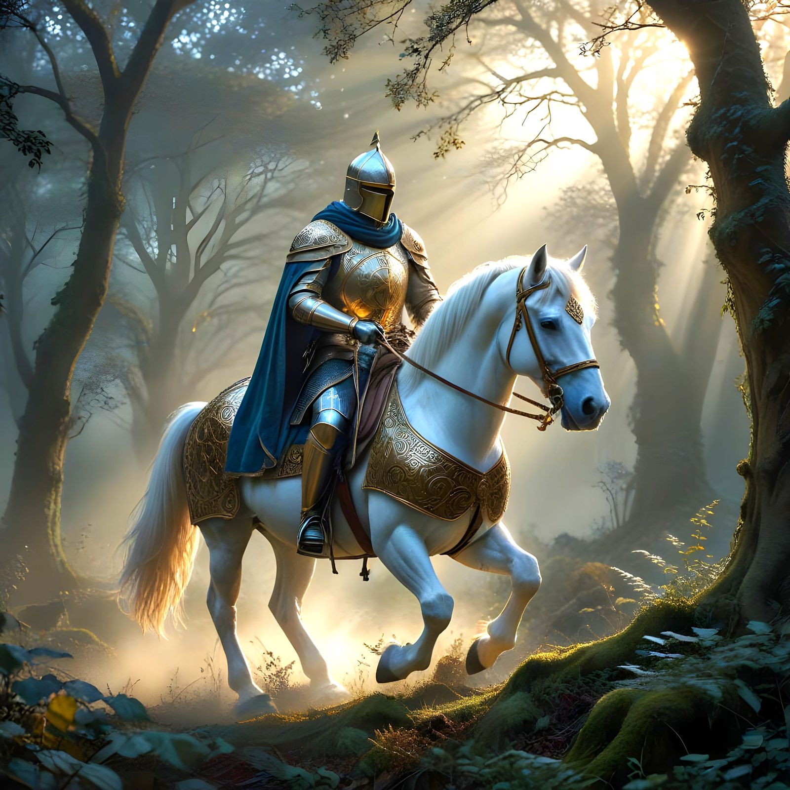 Medieval Knight in Ethereal Forest at Dawn