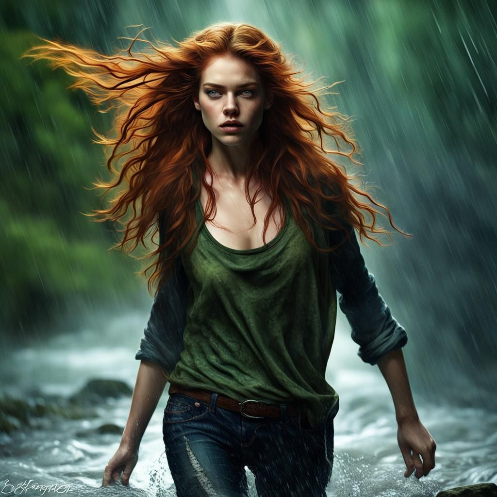Redhead Runs in Rainy Forest: Hyperrealistic Image