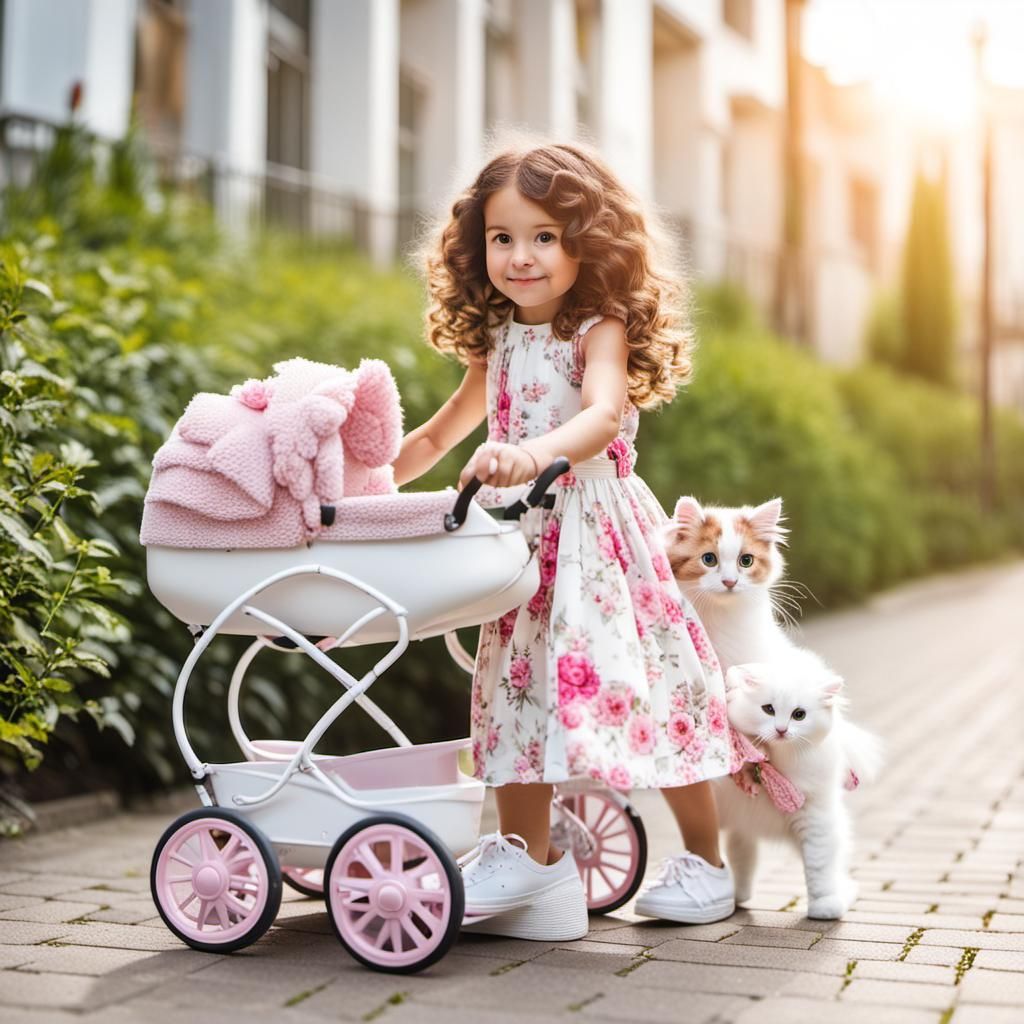 Girl with Cat and Doll on Sunny Day