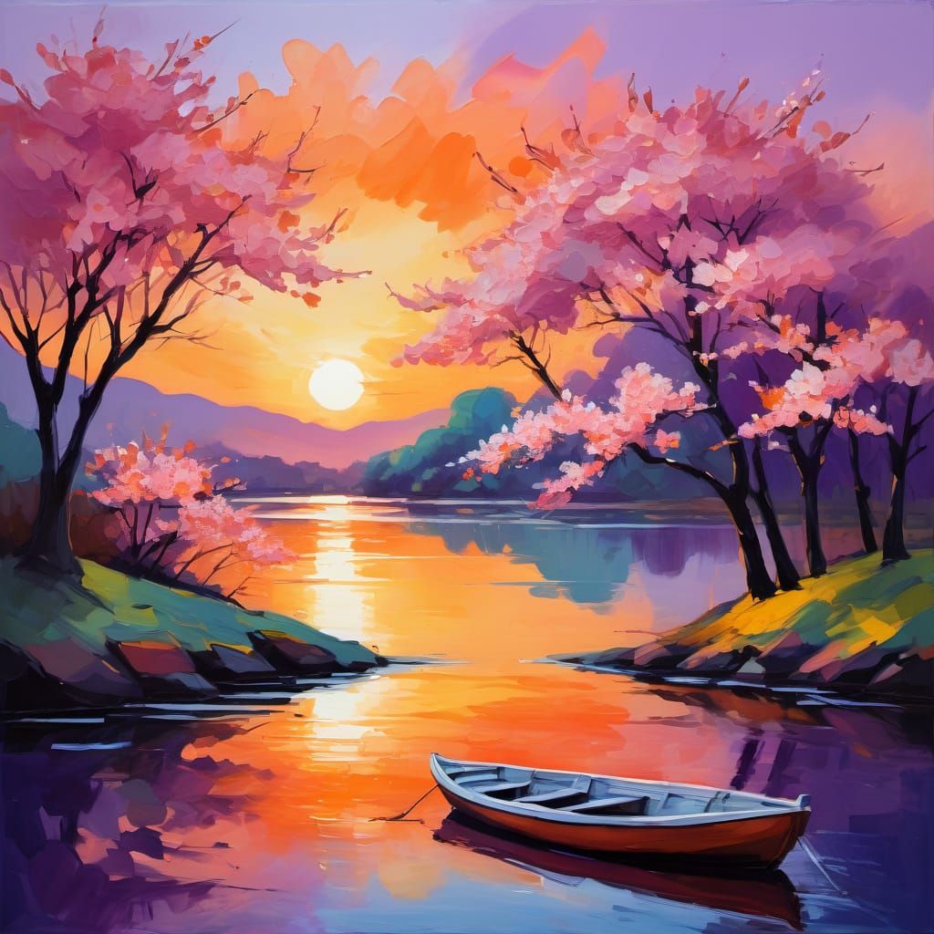 Cherry Blossom River Scene in Vibrant Impressionist Style
