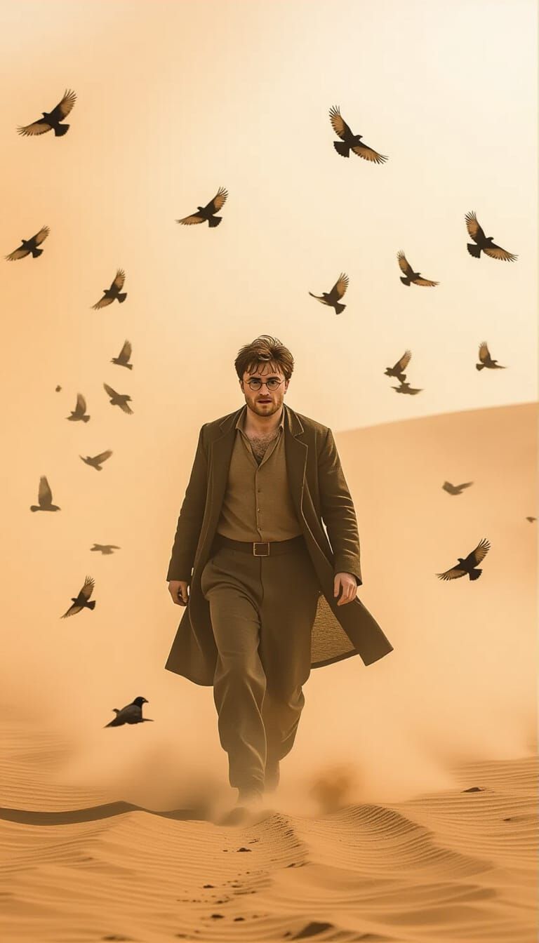 Sandstorm Wanderer: Cinematic Film Still in Matte Painting S...