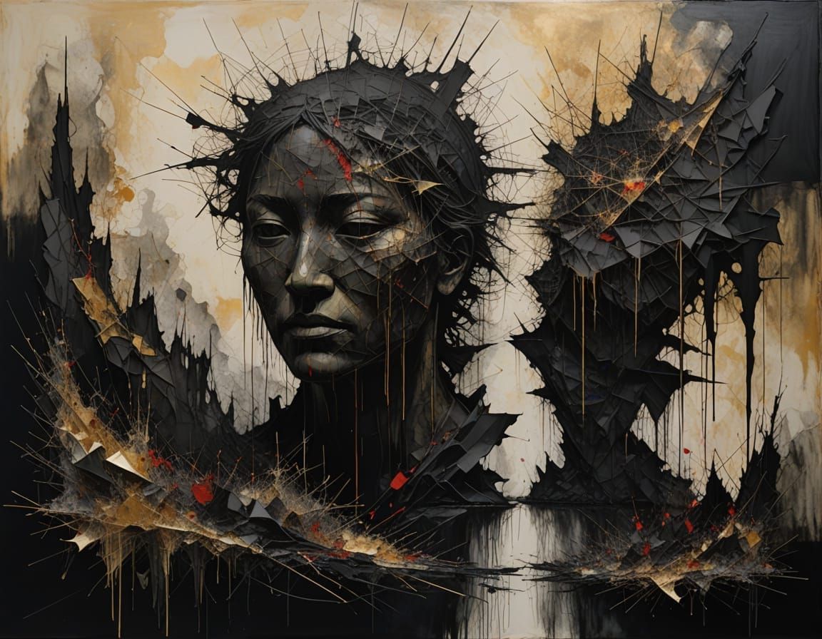 Mixed Media Portraits Overlap in a Dark Landscape