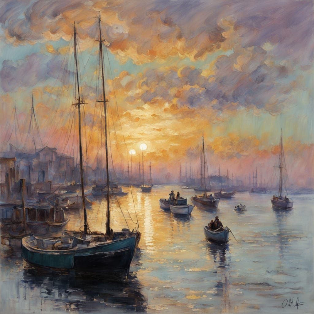 Coastal Market Town Sunrise in Impressionistic Style