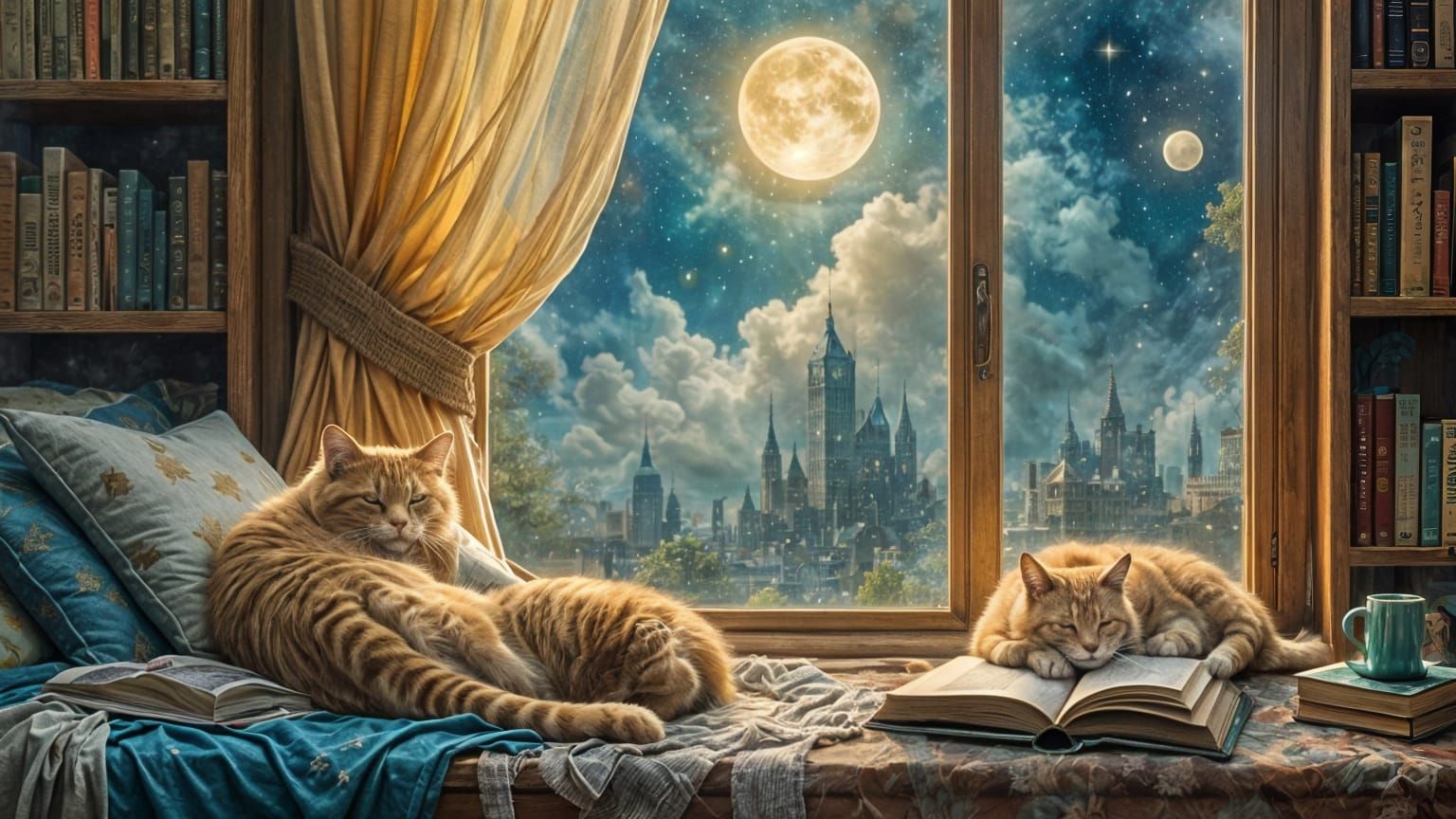 Four Sleeping Cats in Enchanted Window Dreamscape