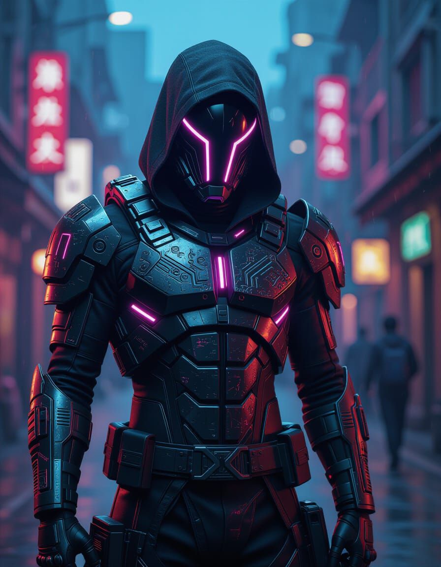 Cyberpunk Warrior in Neon Dragon Armor