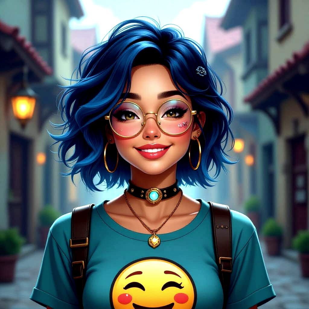 Hi-Tech Goddess Smiles in Medieval Street Scene