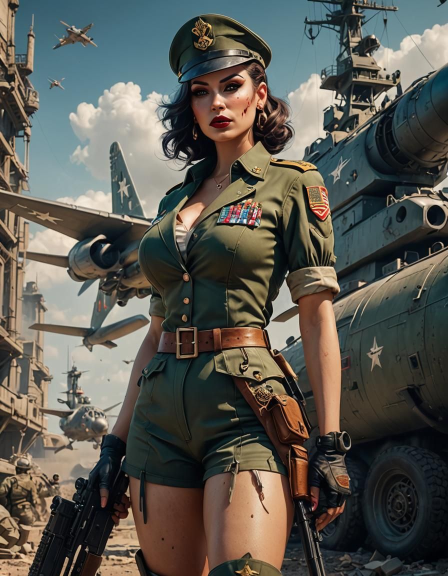 Detailed Military Pin-Up Girl in Fantasy Art Style