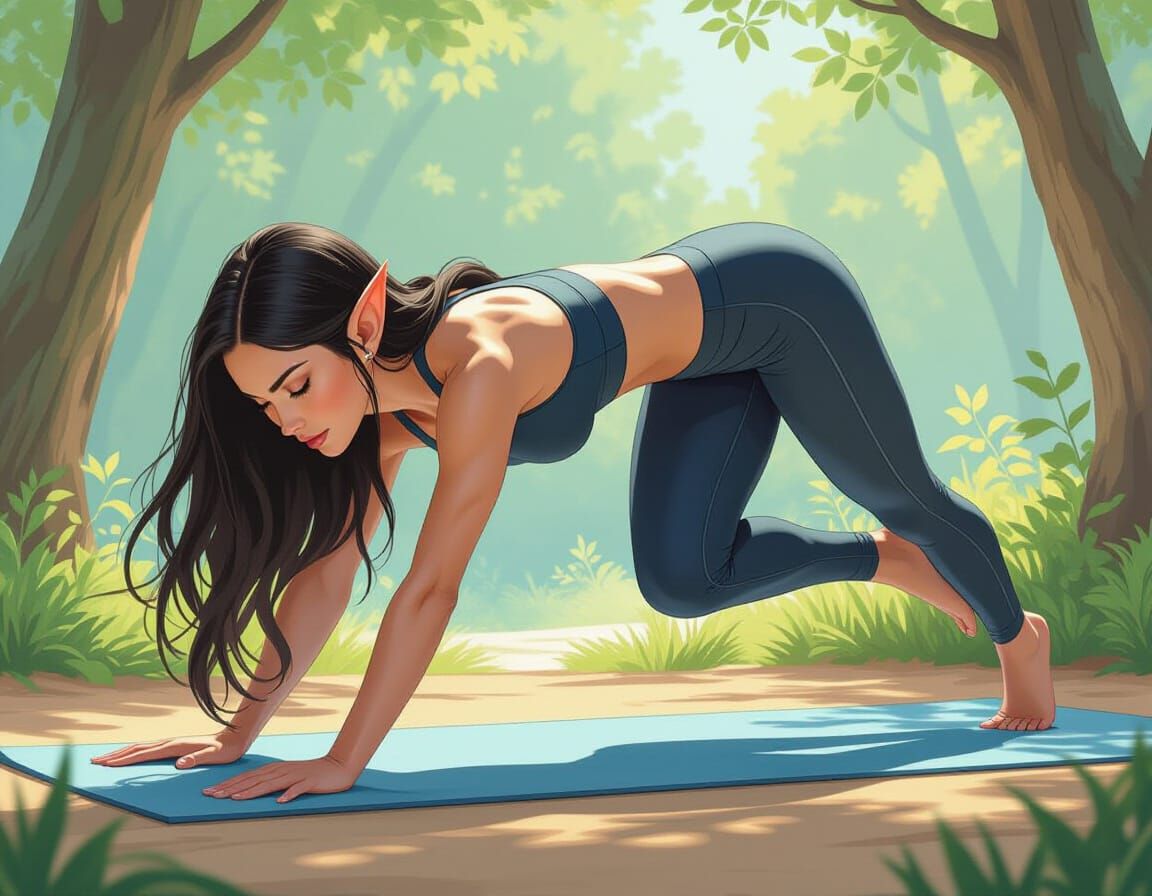 Elf Woman in Downward Dog Pose: Photorealistic Style