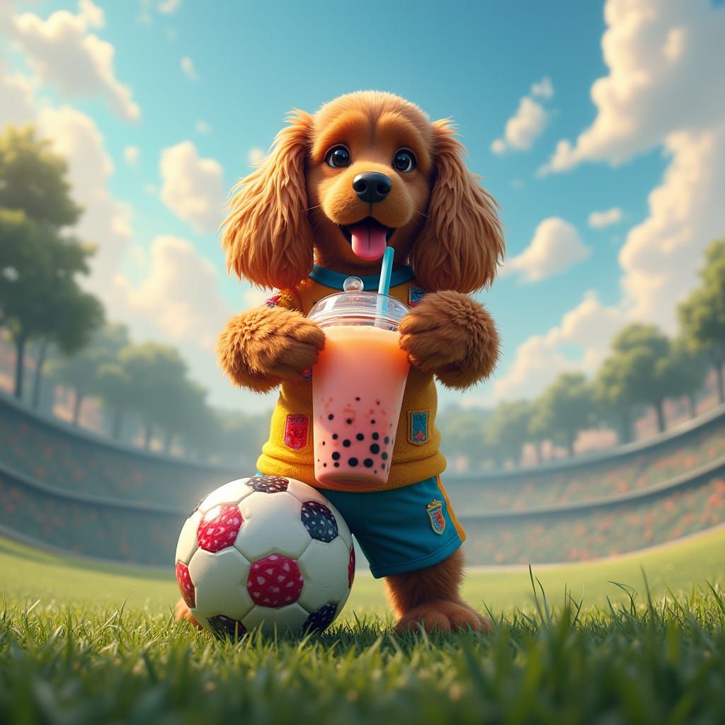 Cocker Spaniel Plays Soccer with Bubble Tea in Vibrant Fanta...