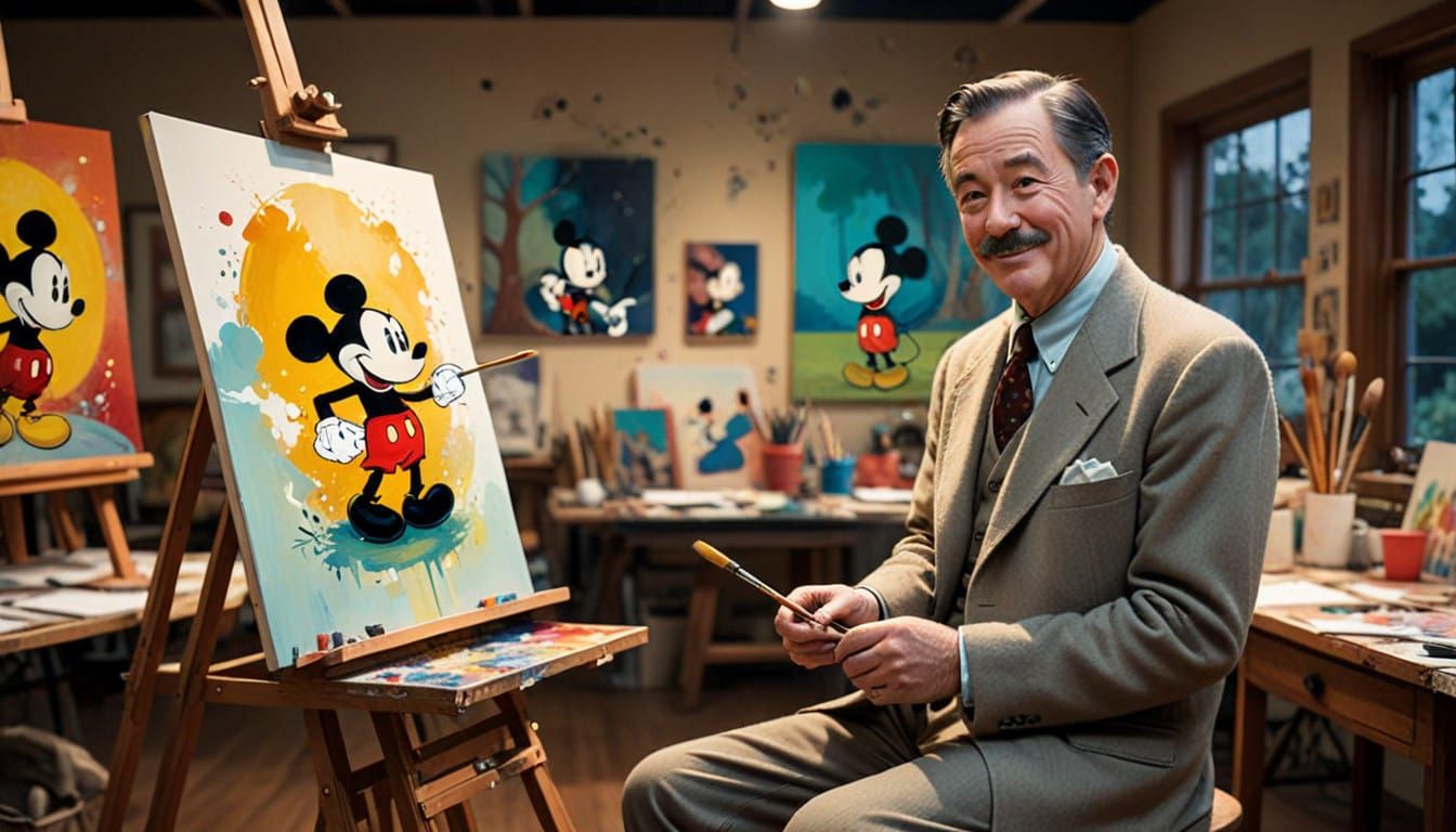 Mickey Mouse Paints Walt Disney in Whimsical Vintage Studio