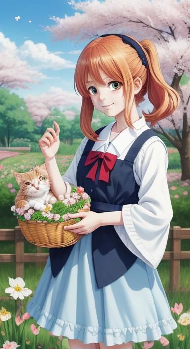 Spring Kitten with Basket of Babies: Anime Art
