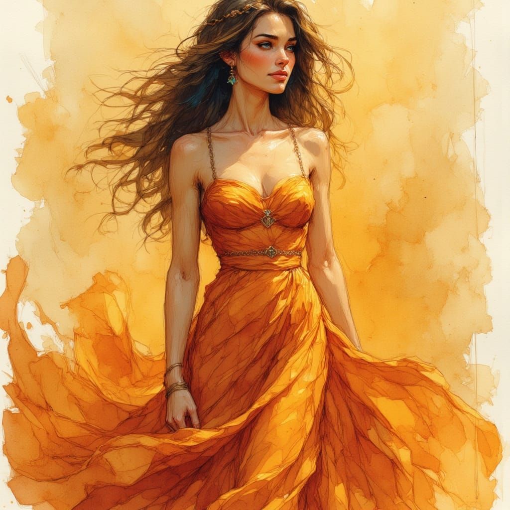 Woman in Flowing Golden Gown with Copper Hair