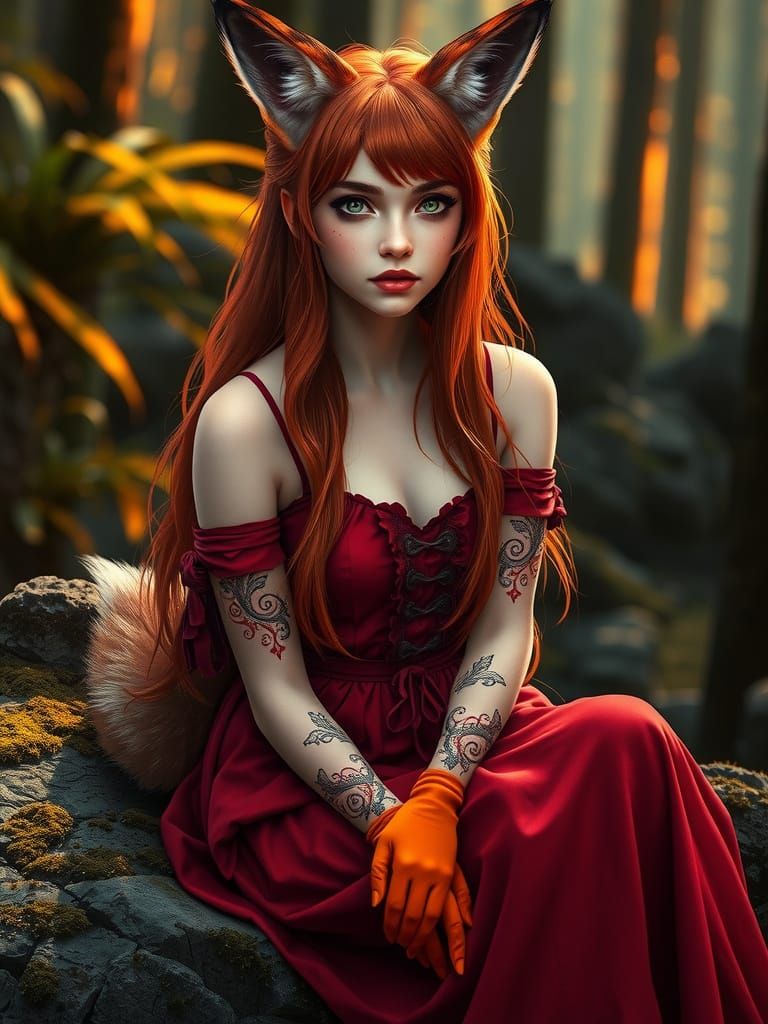 Surreal Fantasy Portrait in Anime Style with Fox Ears and Ta...