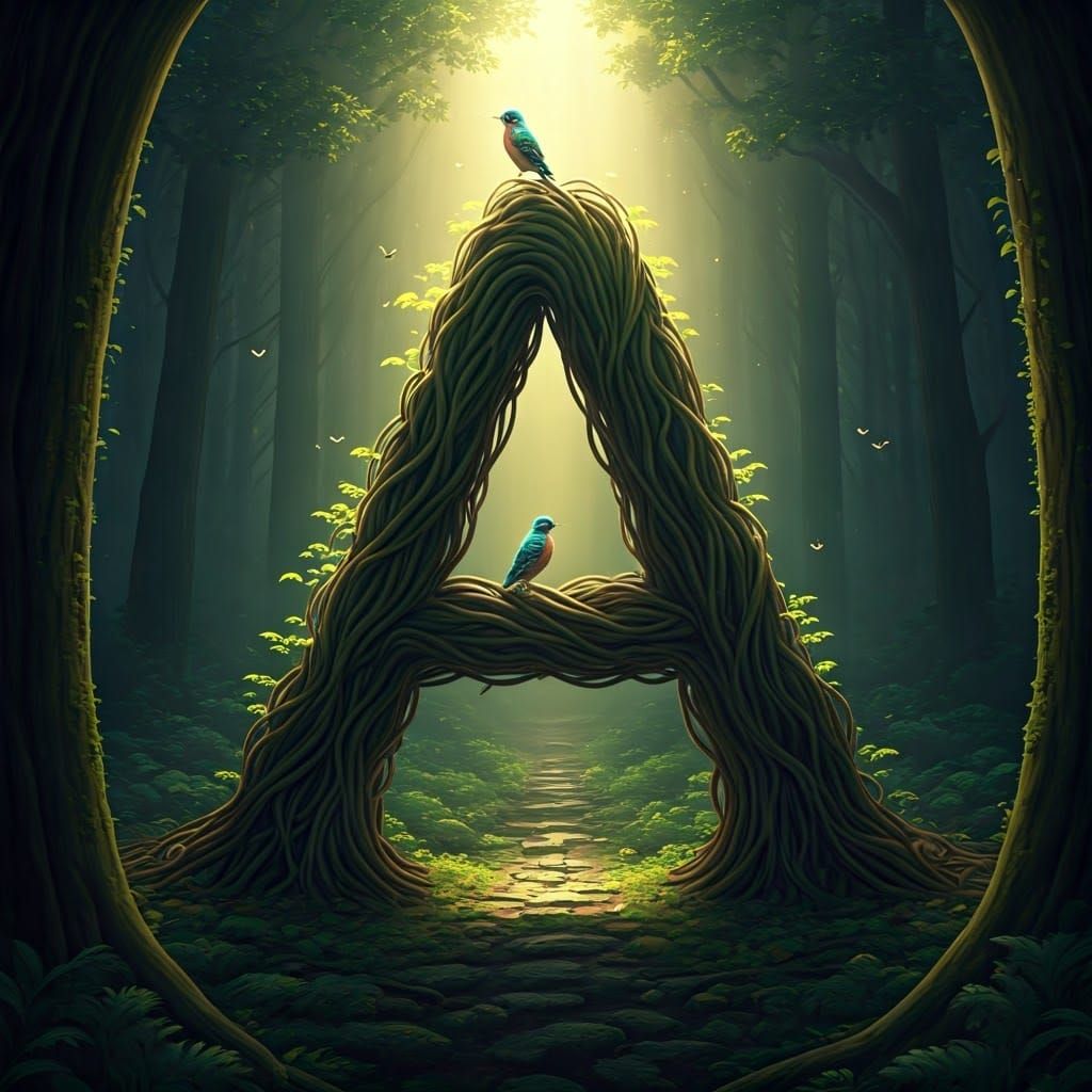 Glowing Letter A Made of Branches in Mystical Forest