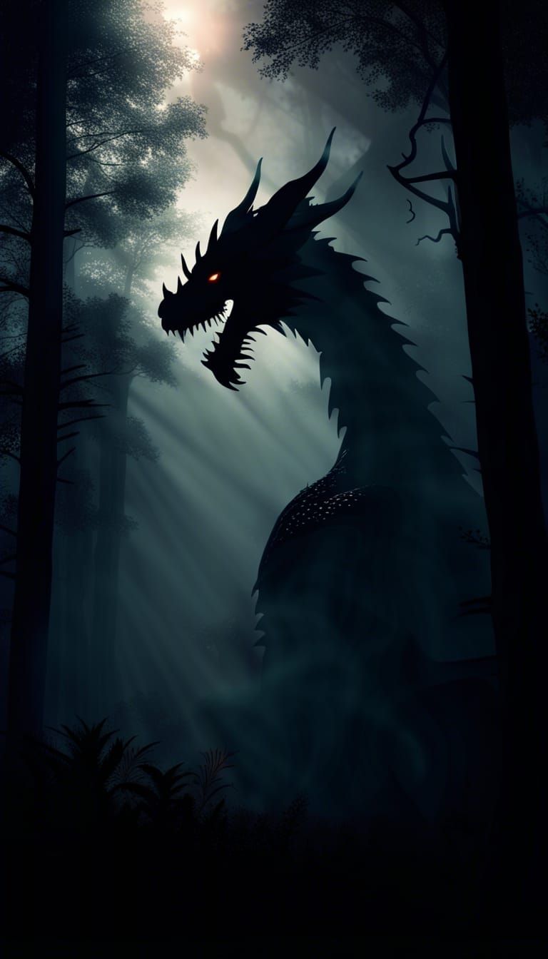 Black Dragon Silhouette in Foggy Forest