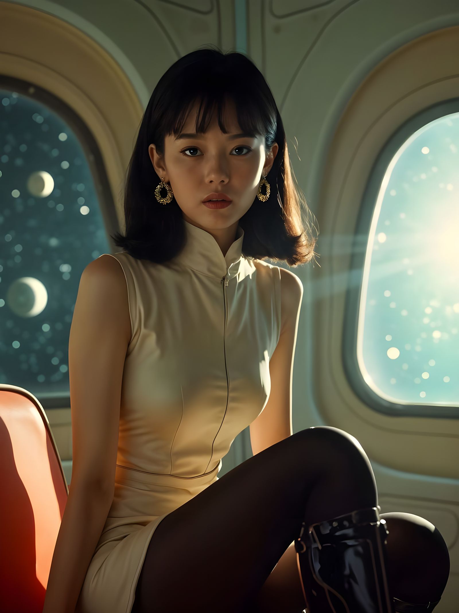 Futuristic Asian Space Age Icon in Shimmering Space Dock