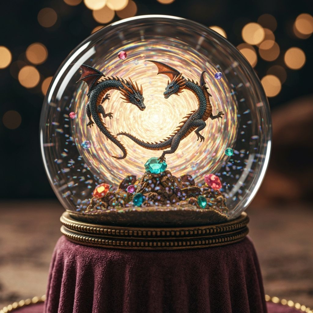 Clockwork Dragons Soaring in Antique Snow Globe