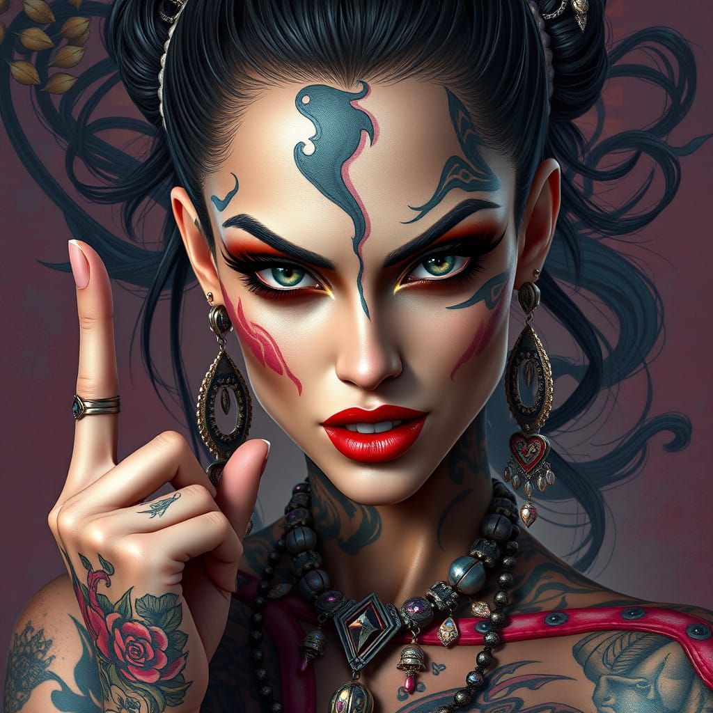 Stunning Realistic Woman with Intricate Tattoos and Edgy Exp...
