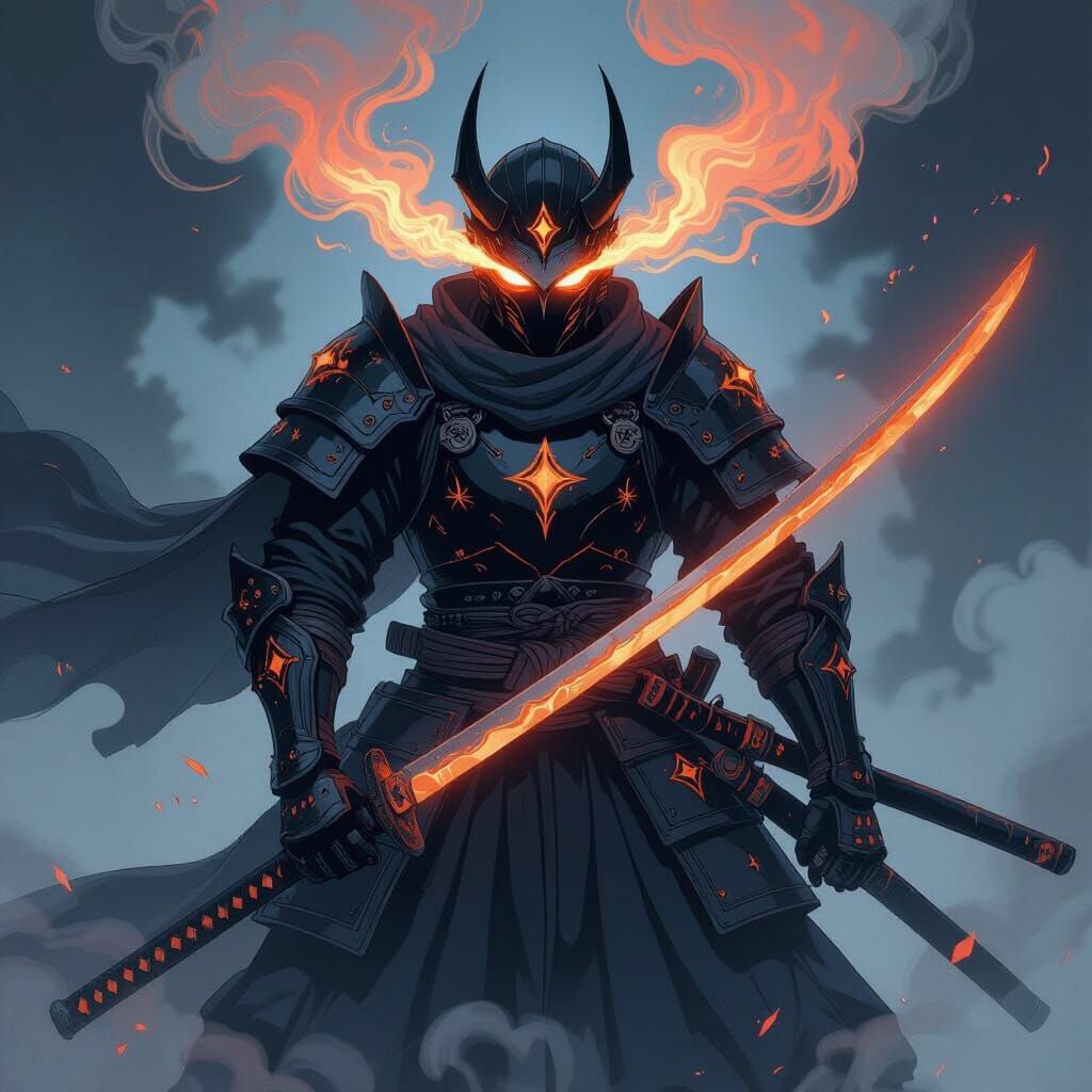 Demon Slayer Knight in Black Armor with Orange Katana