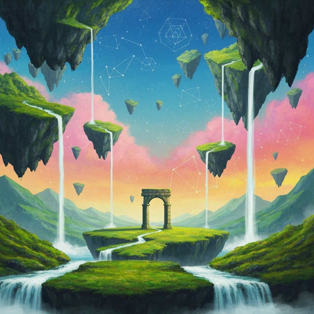 Surreal Floating Islands with Upward Waterfalls