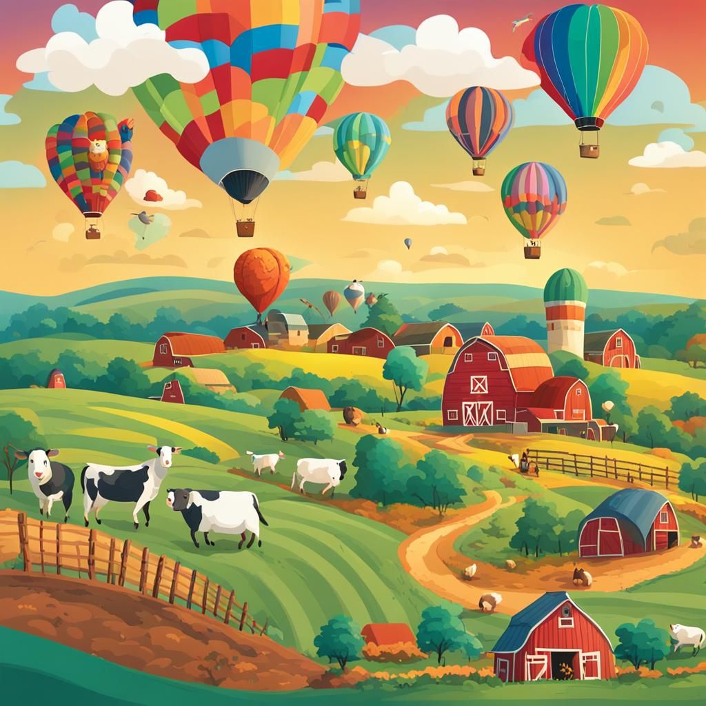 Colorful Hot Air Balloon Over Farm With Animals
