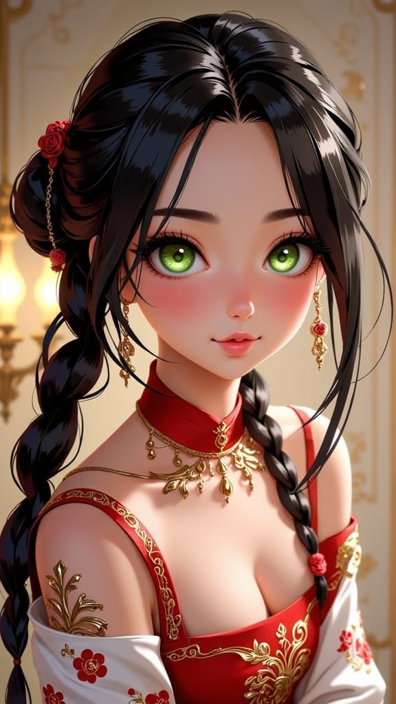 Stunning Anime Girl with Emerald Eyes in Elegant Cheongsam D...