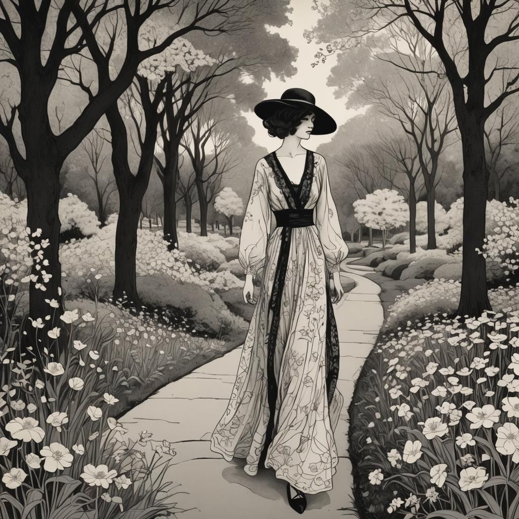 Elegant Woman Strolling Through Park: Beardsley Illustration