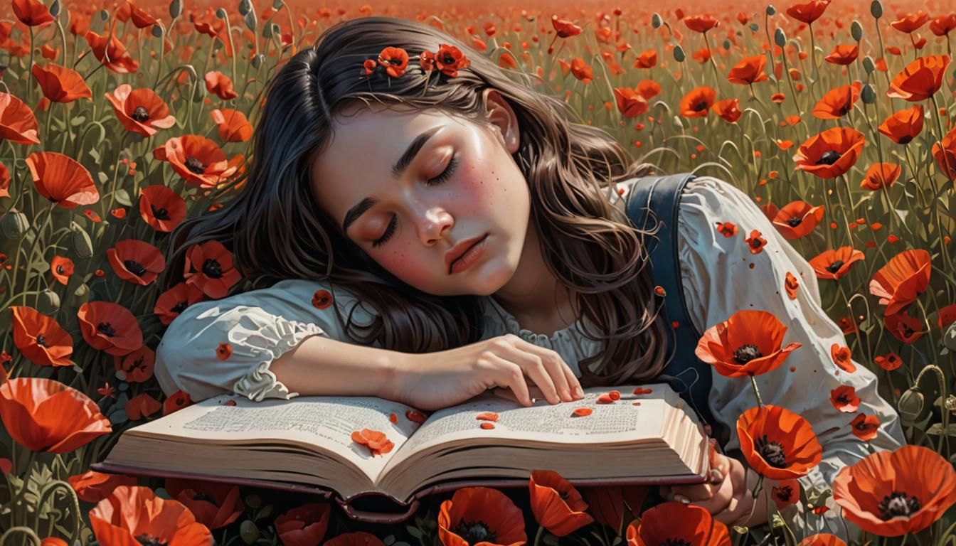 Brunette Girl Asleep in Poppy Field: Hyperrealistic Splash A...