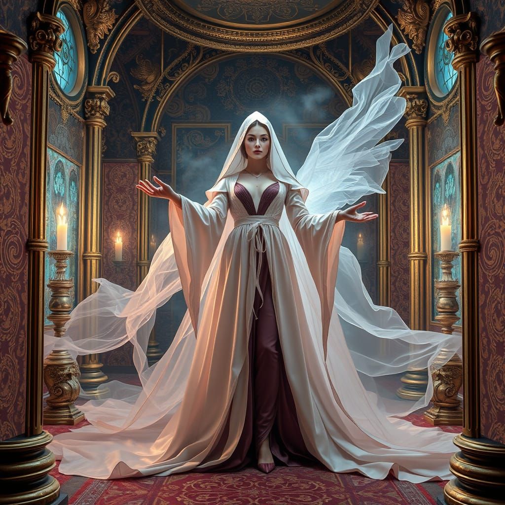 multi-level knolling - ethereal lady sorceress of satin thread, crisp organza, bronze brocade and rich velvet in a micro...