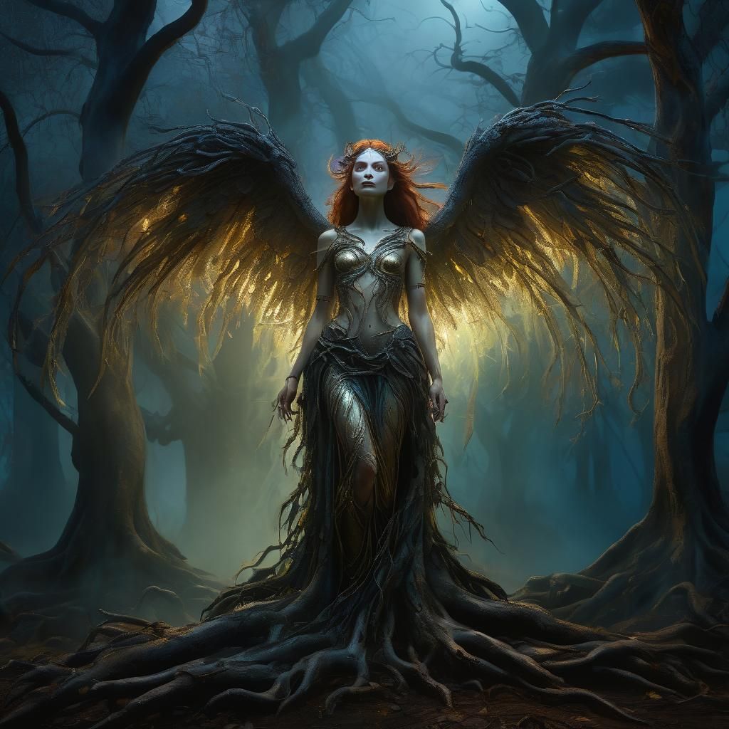 Lilith in Moonlit Forest: Fantasy Oil Painting