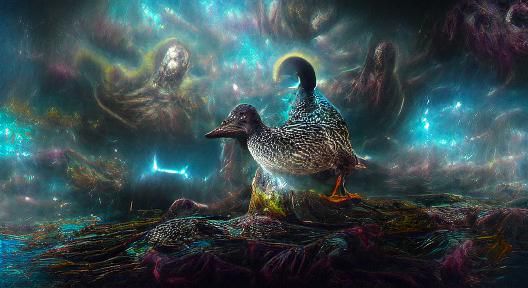 Holographic Astral Duck God in Cosmic Horror Style