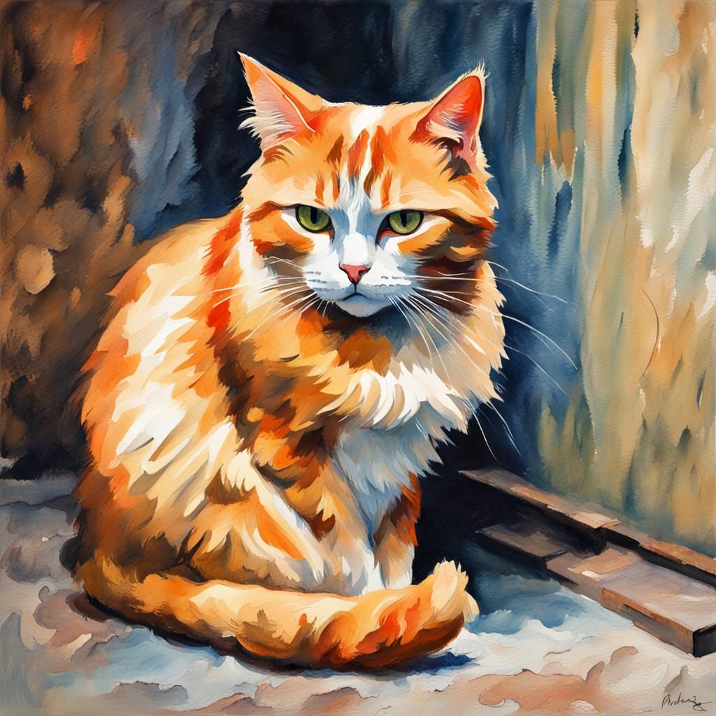 Sad Cat in Gouache Style Impressionist Painting