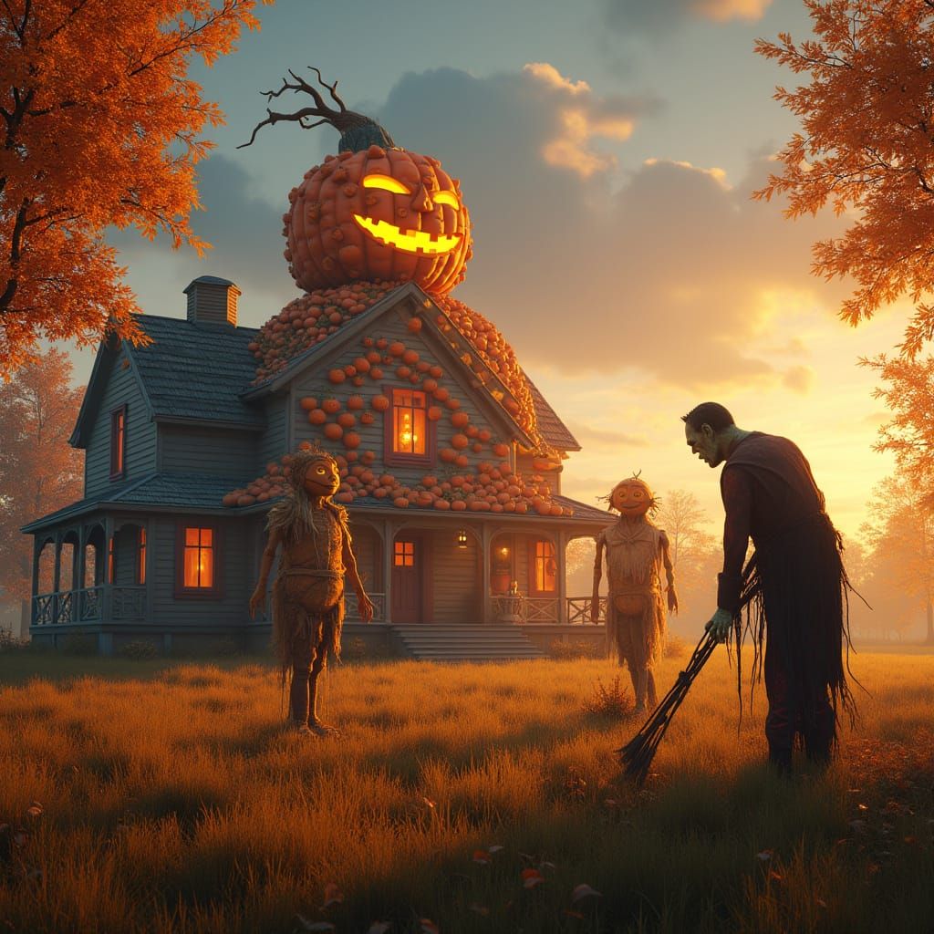 Ethereal Snowman Mosaic Towers over Rustic Farmhouse in Autu...