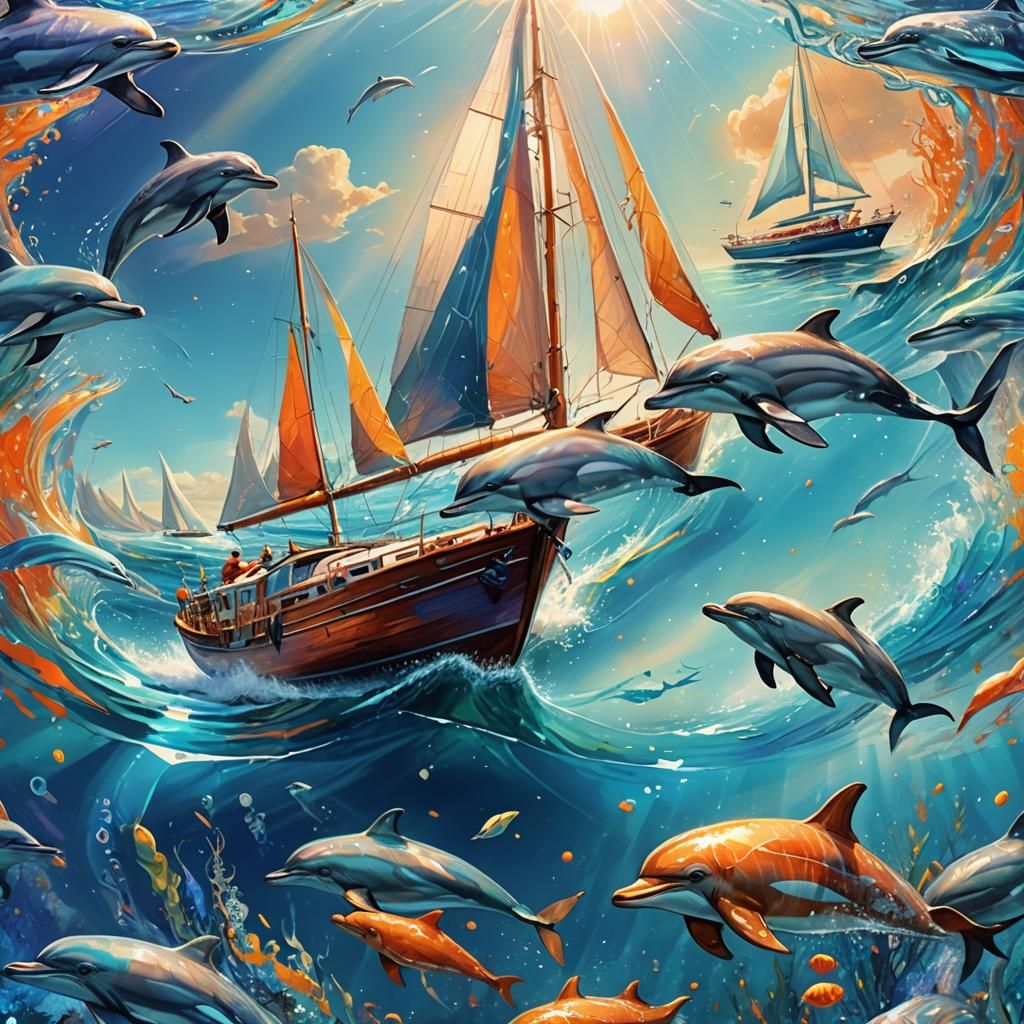 Dreamlike Dolphins in Crystal Water: Digital Painting