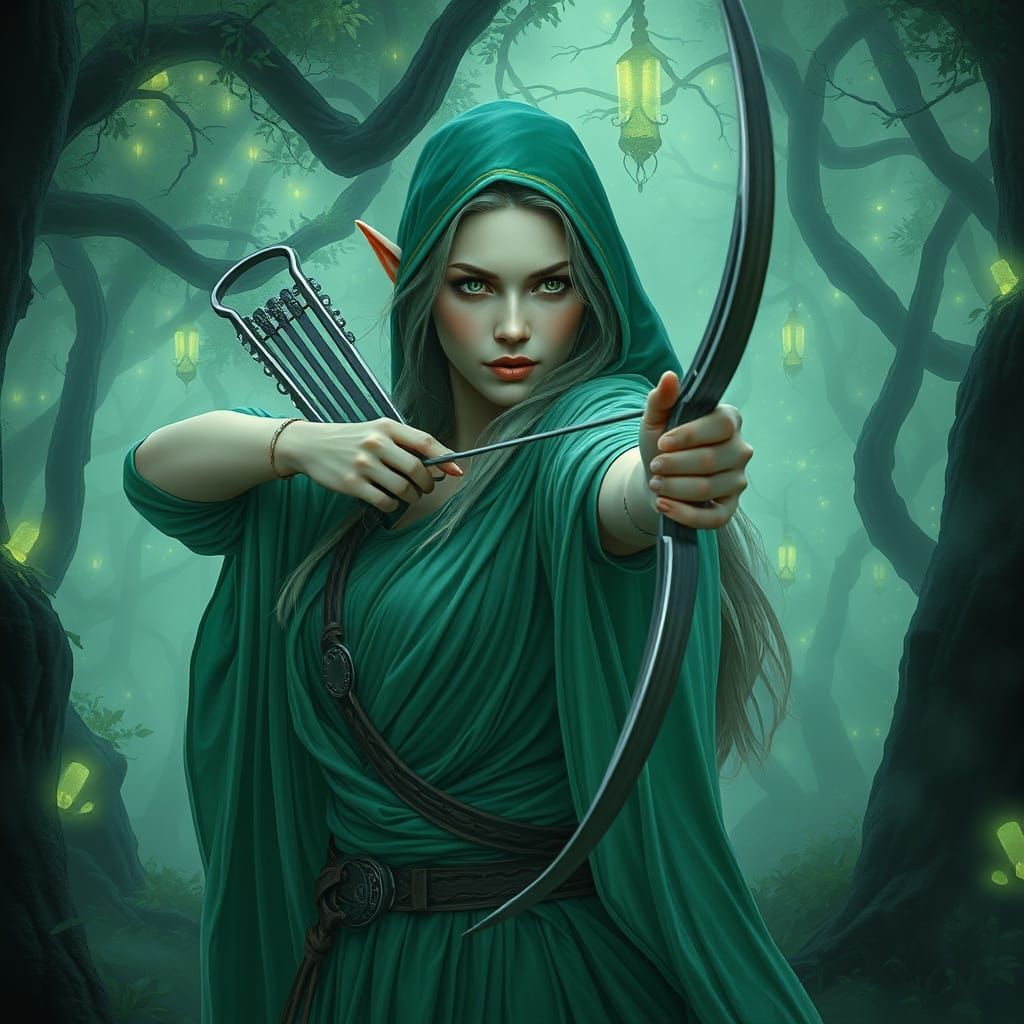 Elven Huntress in Bioluminescent Grove, Splash Art