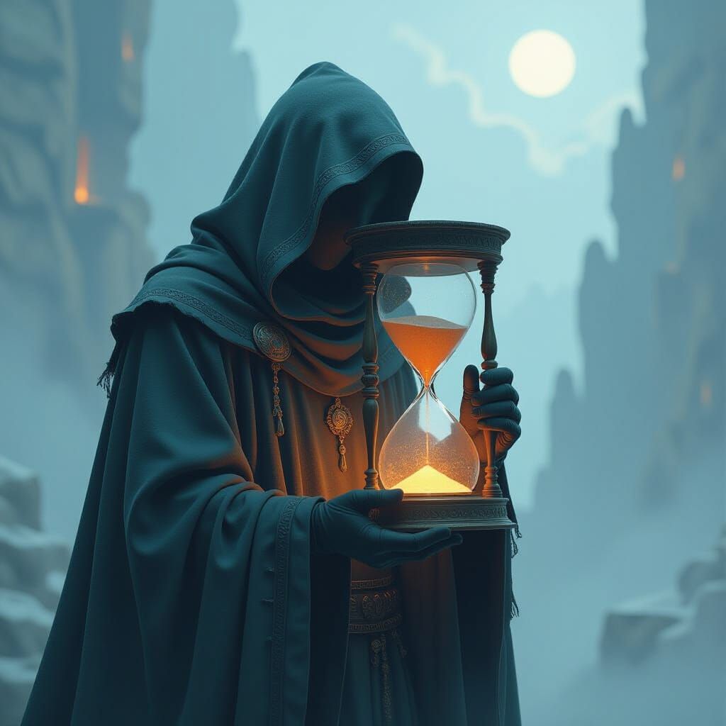 Mysterious Figure with Endless Hourglass in Ethereal Dreamsc...